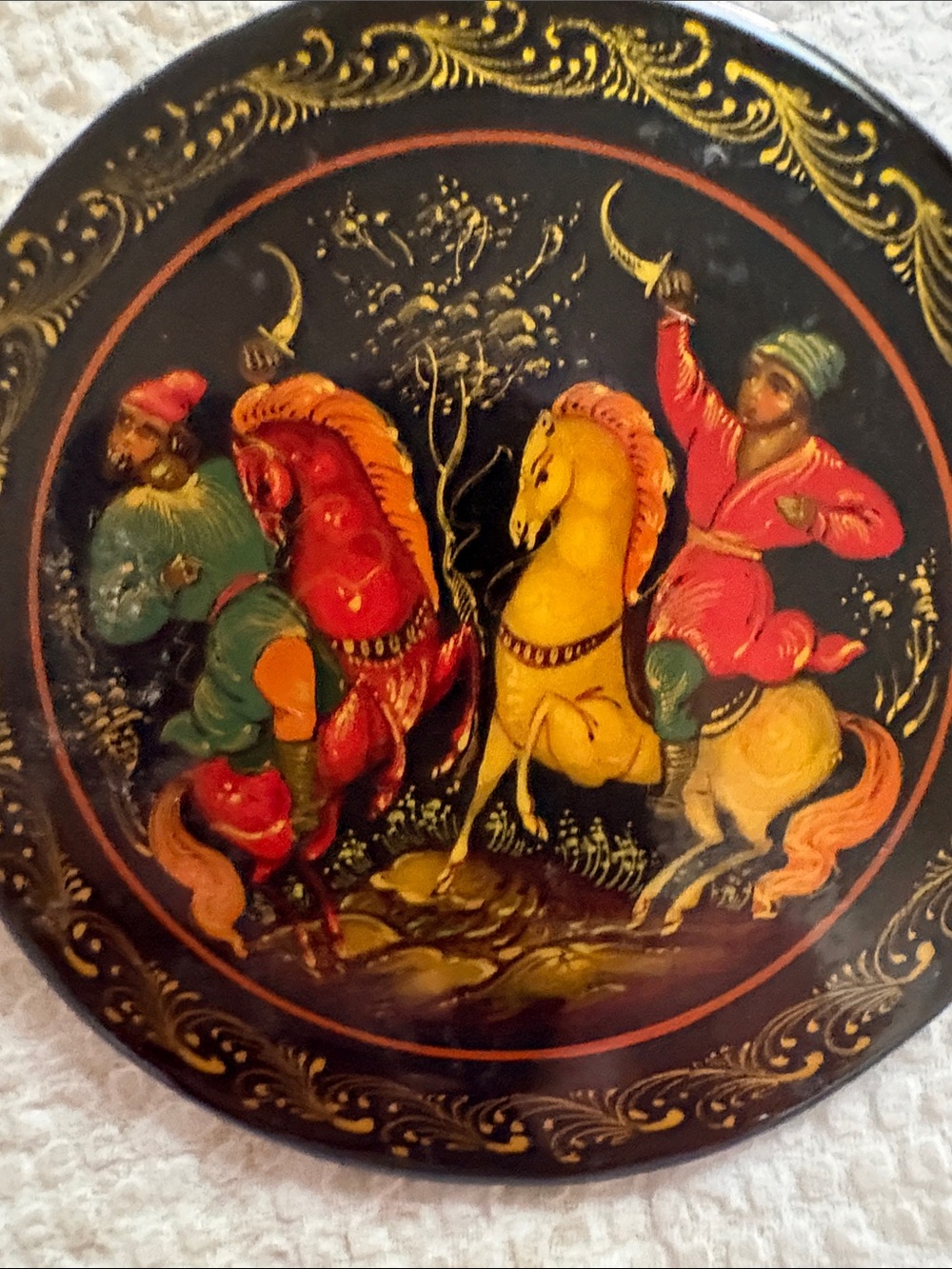 Hand-Painted Round Decorative Box with Riders - Picture 2 of 4